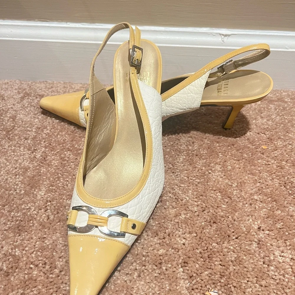 stuart Weitzman White and Yellow Slingback Heels - Picture 1 of 8